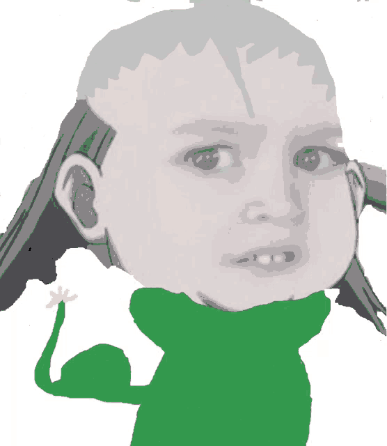 a drawing of a child with a green frog behind them