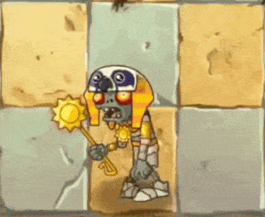 a cartoon zombie is holding a key and a sun in his hand .