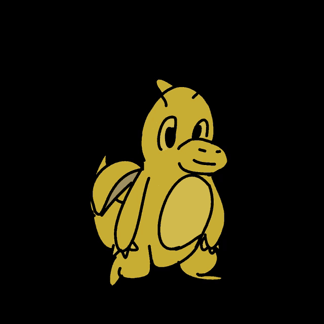 a cartoon drawing of a yellow duck with a blue tail on a black background