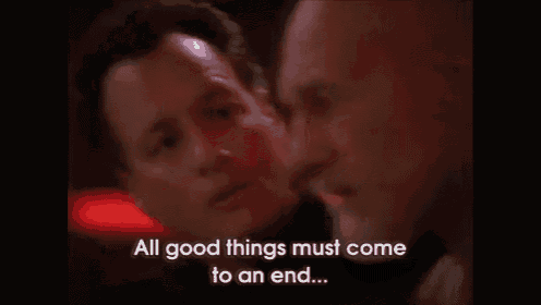 two men are talking to each other and one of them is saying `` all good things must come to an end ... '' .