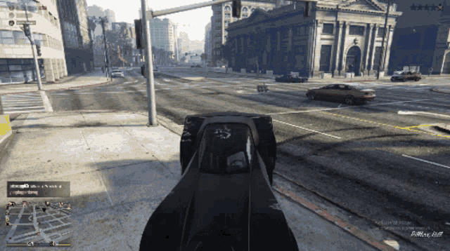 a screenshot of a video game shows a car in the foreground and a building in the background