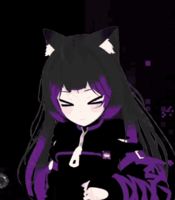 a black and purple anime girl with cat ears and purple hair