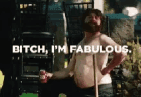 a shirtless man with a beard is holding a can of coke and says bitch i 'm fabulous