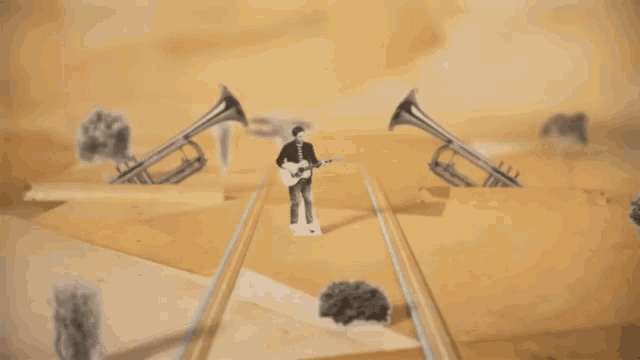 a man playing a guitar in a desert surrounded by trumpets and trees