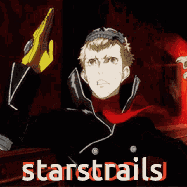 a man in a black coat is holding up a yellow hand with the words starstrails in red letters