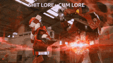 two robots are fighting in a warehouse with the words shit lore + cum lore above them