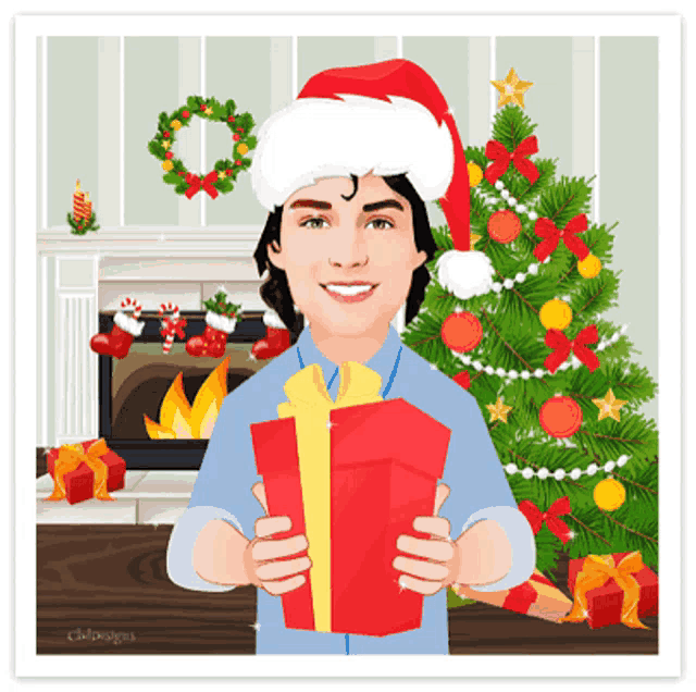 a man in a santa hat is holding a red gift box in front of a christmas tree
