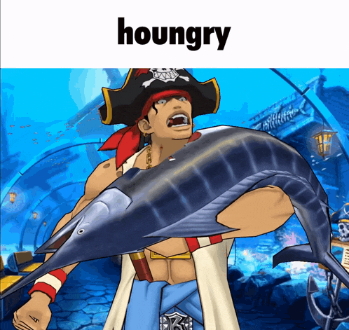 a man in a pirate hat is holding a large fish with the word houngry above him
