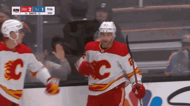 a hockey player wearing a red and yellow jersey with the letter c on it