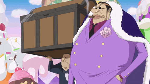 a man in a purple suit is carrying a trunk on his shoulders