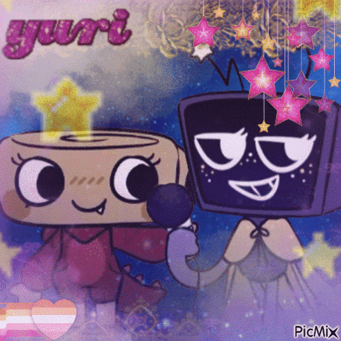 a couple of cartoon characters with yuri written on the top