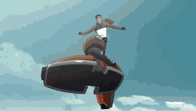 a man is flying through the air on top of a robot ..