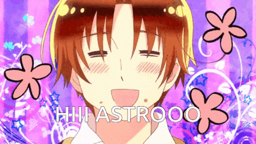 a cartoon of a boy with flowers and the words hhh astrooo on the bottom
