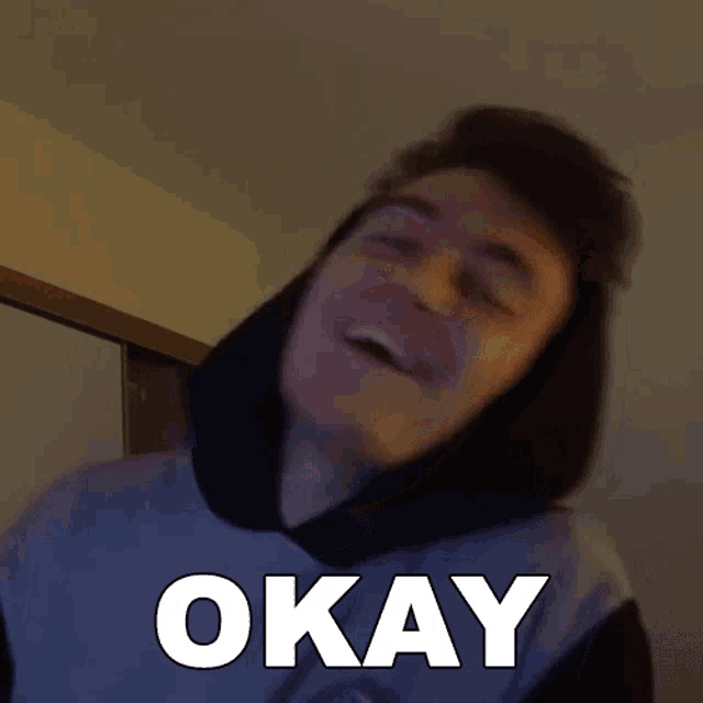 a man wearing a hoodie is smiling with the word okay behind him