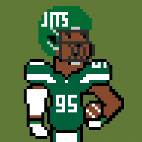 a pixel art drawing of a jets football player wearing the number 95