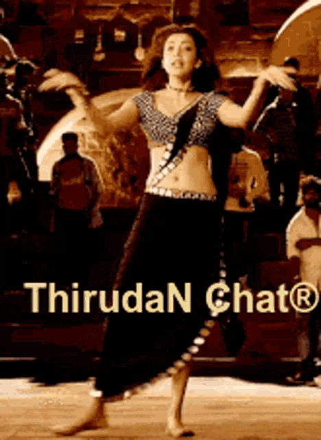 a picture of a woman dancing with the words thiruda n chat behind her