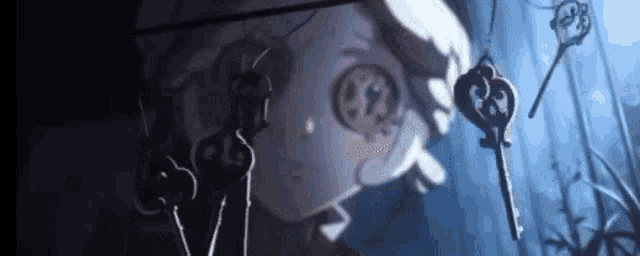 a girl is looking at a bunch of keys hanging from a string .
