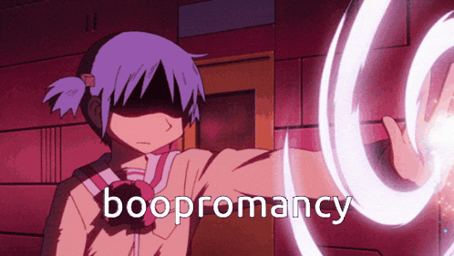 a girl with purple hair is holding a purple swirl and the word boopromancy is on the bottom