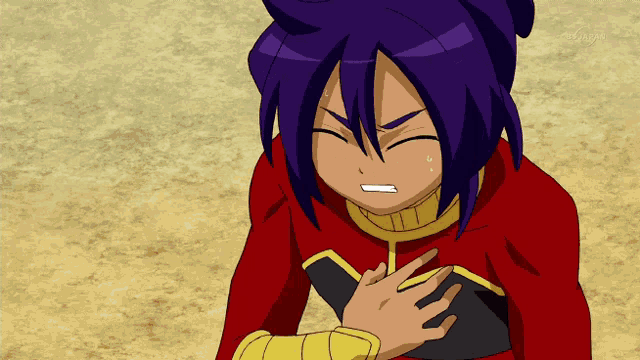a cartoon character with purple hair and a red shirt is holding his chest