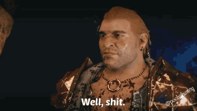 a screenshot of a video game character with the caption well shit