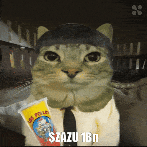 a cat is wearing a tie and holding a tube of los pollos