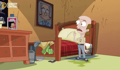 a cartoon of a man standing in front of a bed with a box of cheerios
