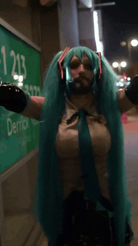 a man in a wig and headphones stands in front of a sign that says derrick moon