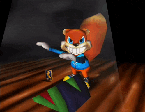 a cartoon squirrel in a blue shirt is standing next to a can of coca cola