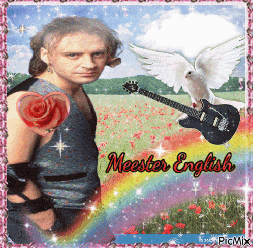 a picture of a man with a guitar and the words meester english on it