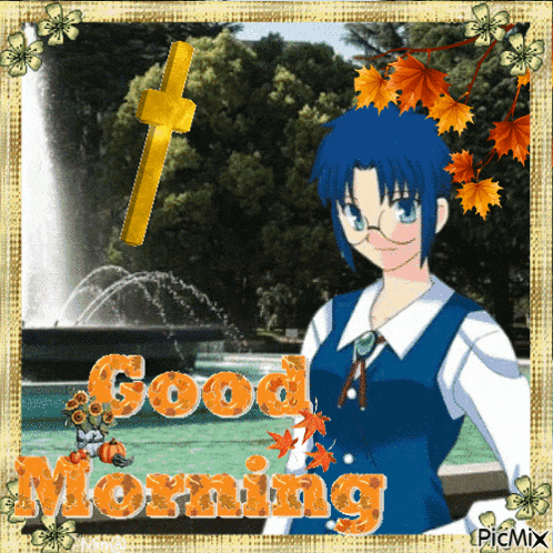 a picture of a girl with glasses and the words good morning on it