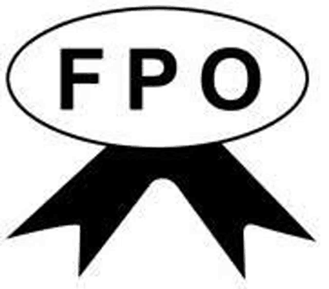 a black and white logo for a company called fpo with a ribbon .