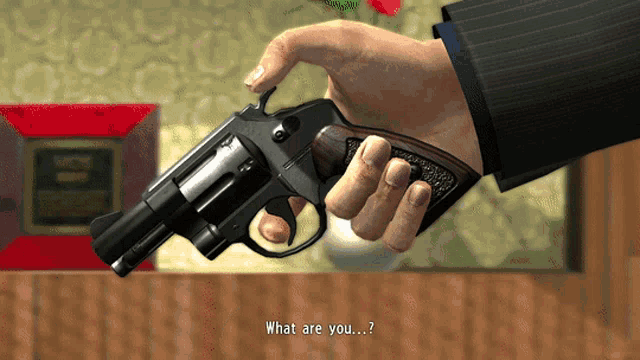 a man holding a gun with the words what are you written below it
