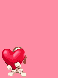 a cartoon dog is holding a red heart in its paws on a pink background