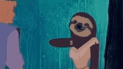 a cartoon sloth is wearing a dress and standing next to a man .