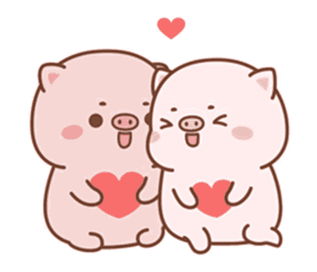 two pink pigs are hugging each other with hearts on their chests .