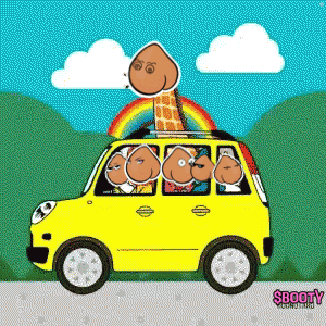 a cartoon of a car with a rainbow on the roof and the word booty on the bottom