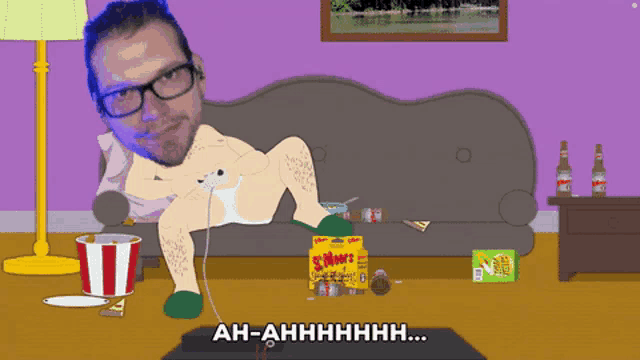 a cartoon of a man sitting on a couch playing a video game with a bag of 8 hour 's chips nearby