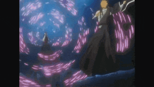 a man in a black robe is standing in the water with a bunch of pink lights around him .