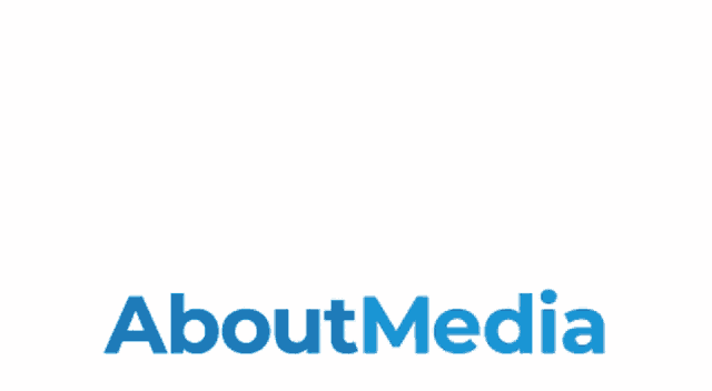 a logo for aboutmedia with a blue pyramid