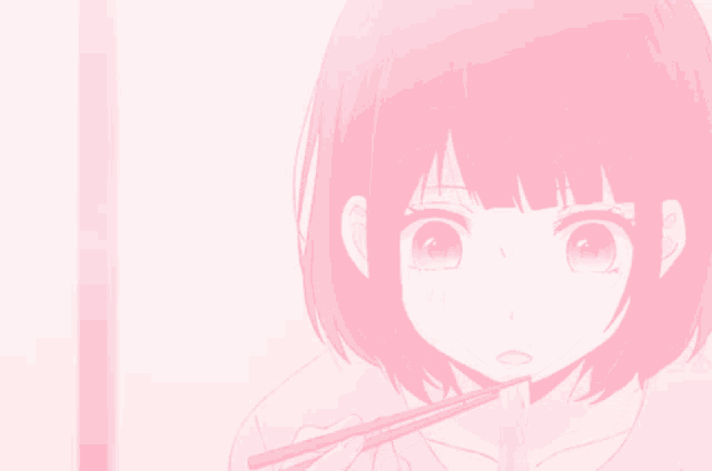 a girl with short pink hair is eating with chopsticks