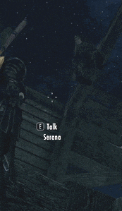 a screenshot of a video game shows a person talking to serana