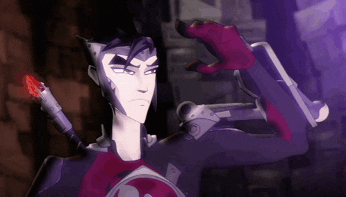 a cartoon character is holding a gun and a red object