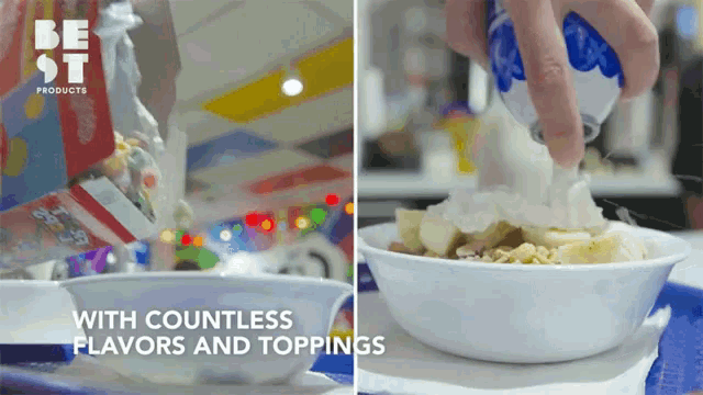 a person pouring frosted flakes into a bowl with the words " with countless flavors and toppings " below it
