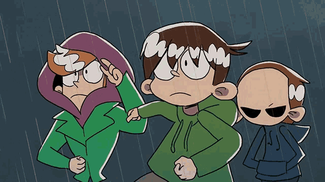 three cartoon characters are standing in the rain with one wearing a green jacket
