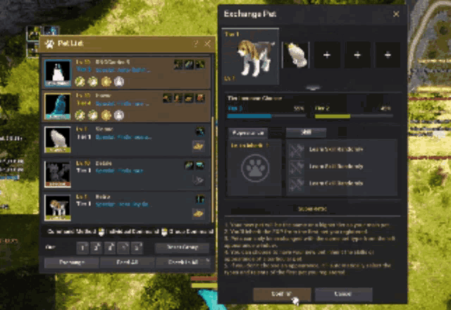 a computer screen shows a list of pets including a wolf and a cat