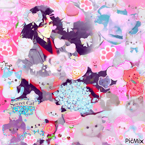 a picture of a man surrounded by cats and hearts with a secret cat sticker