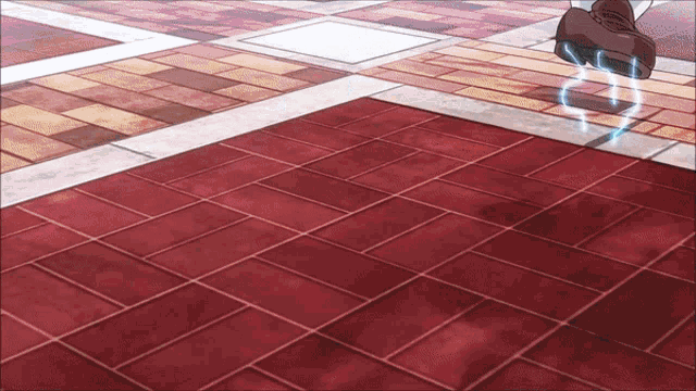 a person walking on a red tiled floor with a lightning bolt coming out of their shoe