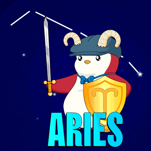 an illustration of a penguin holding a sword and shield with the word aries below him