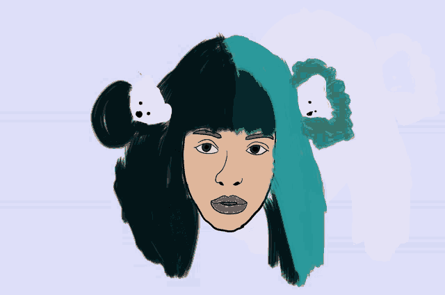 a drawing of a girl with half black and half blue hair wearing a teddy bear hat