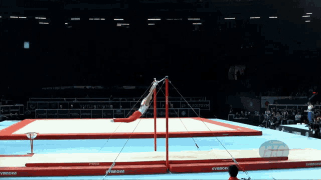 a gymnast is doing a trick on a mat that says evonova